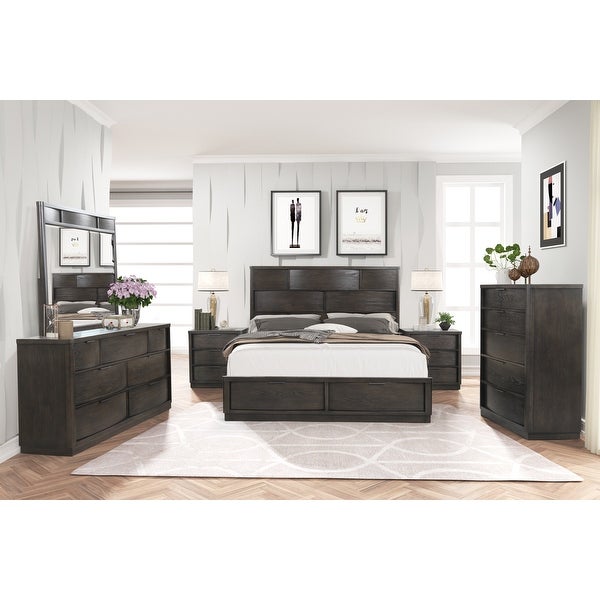 Roundhill Furniture Belani Wood Panel Bed Set， Bed， Dresser， Mirror， Two Nightstands， and Chest， Espresso - - 36183445