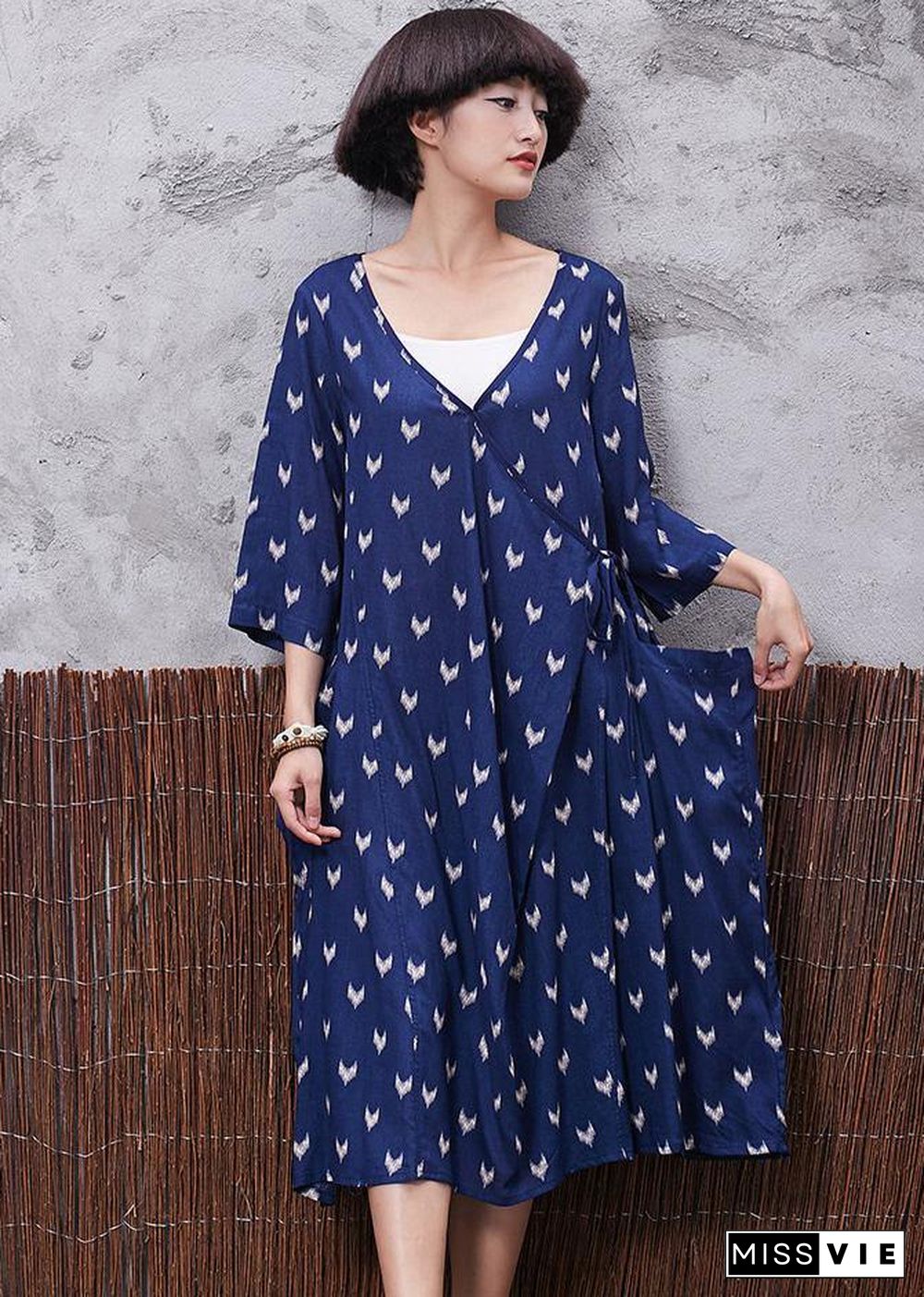 French blue prints v neck linen quilting clothes asymmetric tie cotton robes summer Dresses