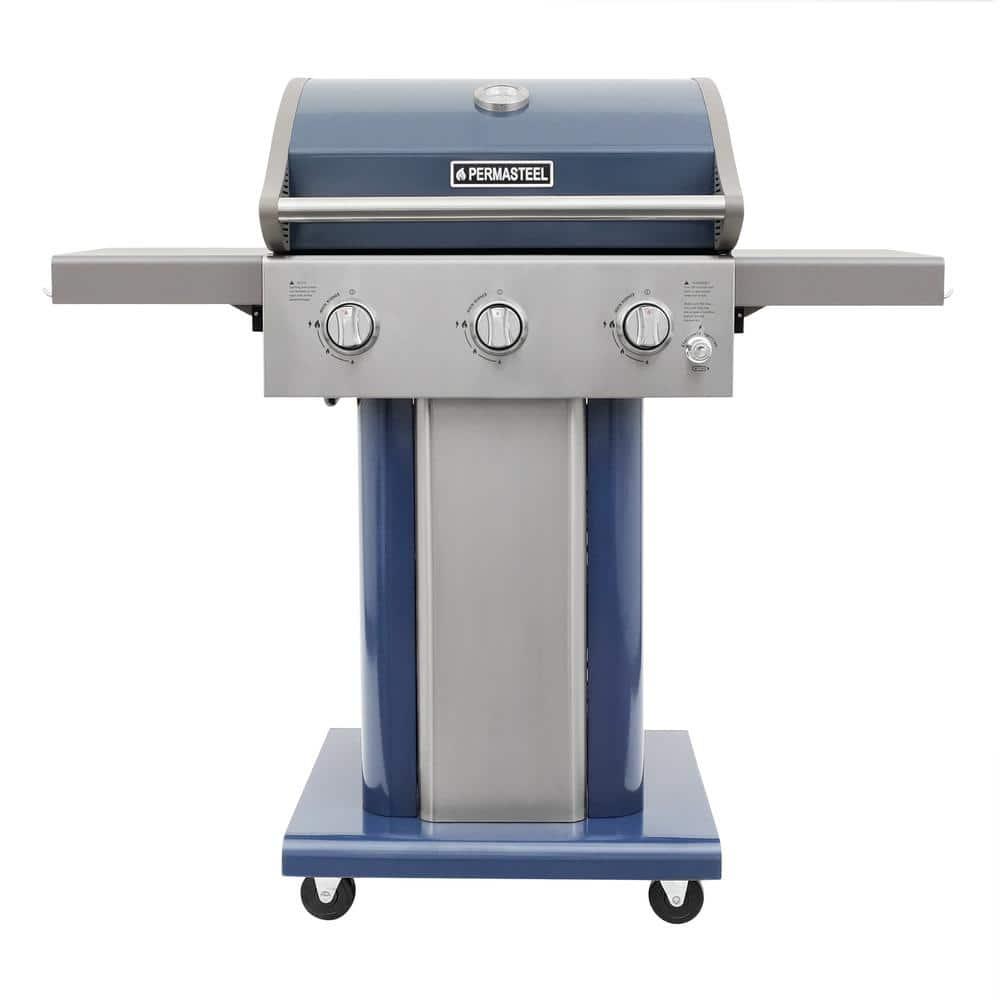 PERMASTEEL 3Burner Pedestal Propane Gas Grill in Azure with Side Hooks