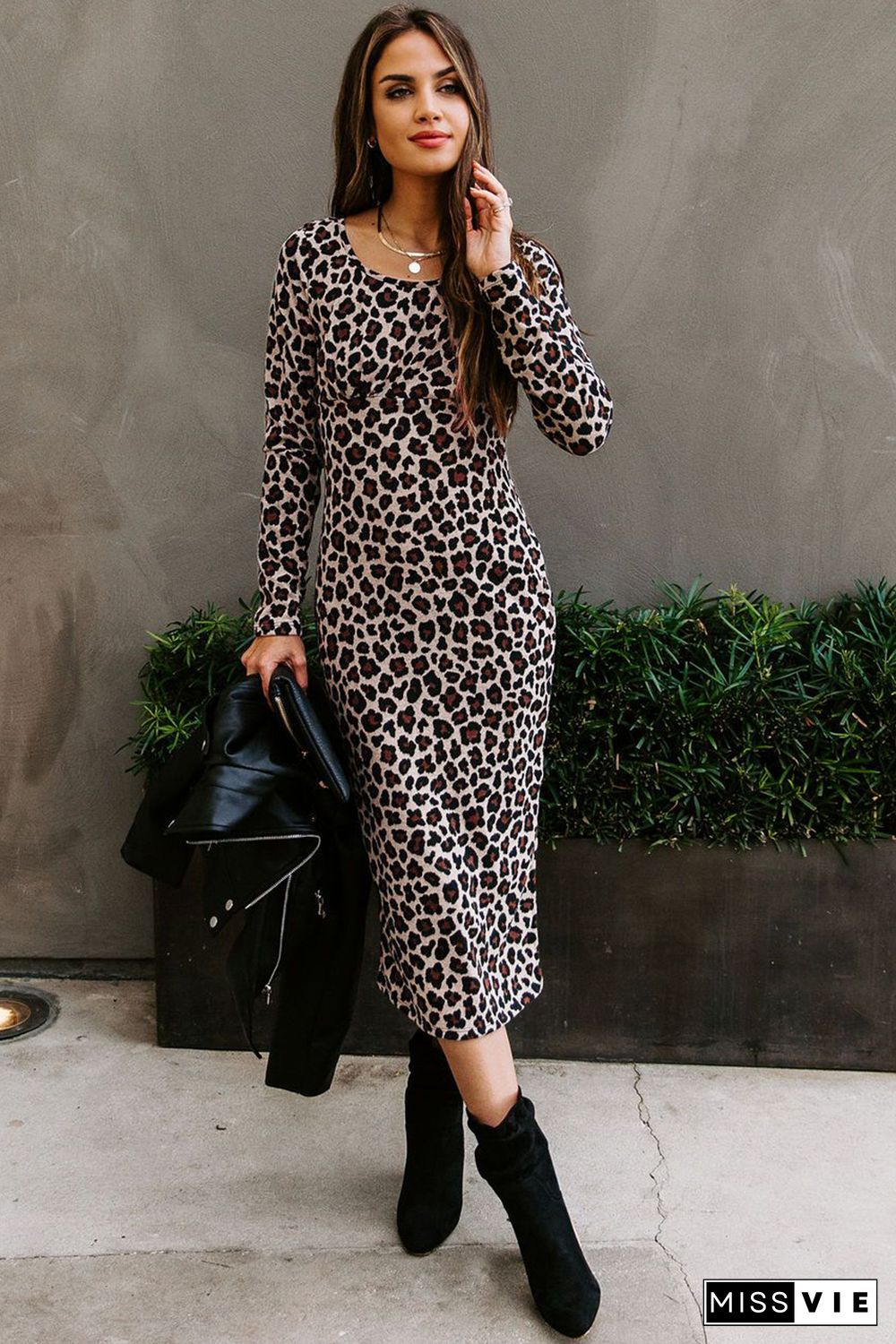 Leopard Crewneck Long Sleeve Lace-Up Side Split Bodycon Dress