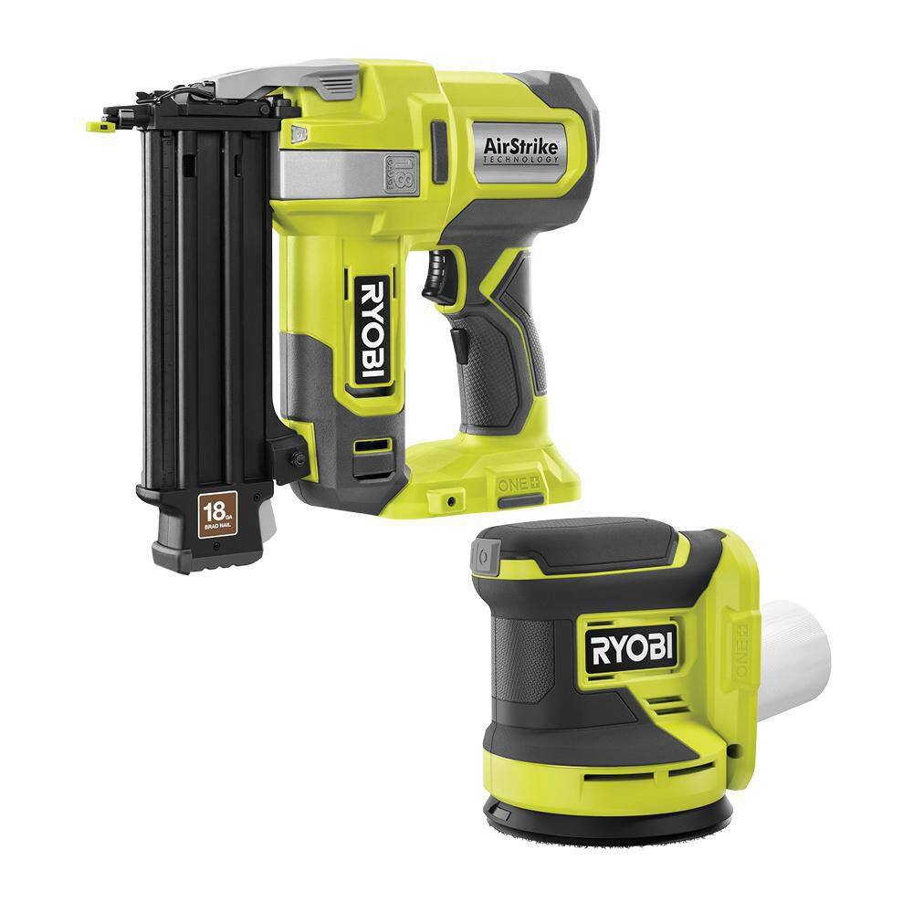 RYOBI ONE+ 18V 18-Gauge Cordless AirStrike Brad Nailer with Cordless 5 in. Random Orbit Sander P321-PCL406B