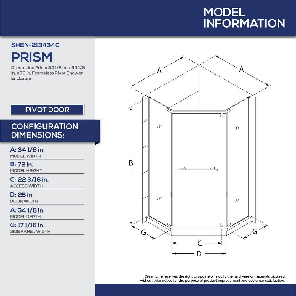 DreamLine Prism 34.125 in. x 34.125 in. x 72 in. Semi-Frameless Neo-Angle Pivot Shower Enclosure in Brushed Nickel SHEN-2134340-04