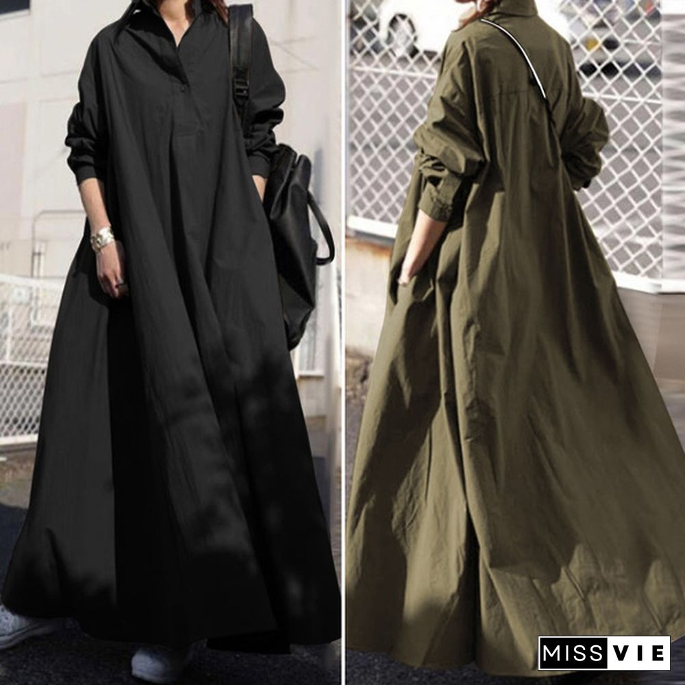 Women Turn-down Collar Long Sleeve Shirt Dress Loose Plain Maxi Blouse Dresses