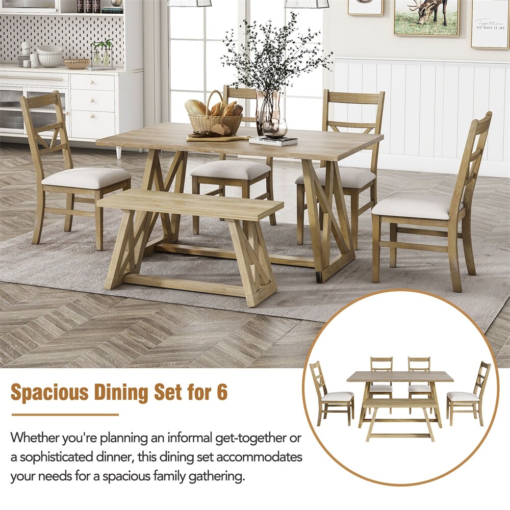 Dining Table Set with 4 Upholstered Chairs and Wood Bench（Set of 6）