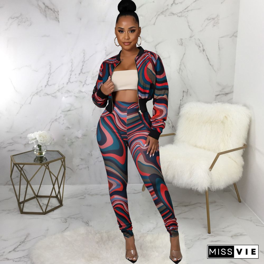 Printed Long Sleeve Zipper Jacket And Pant Suits