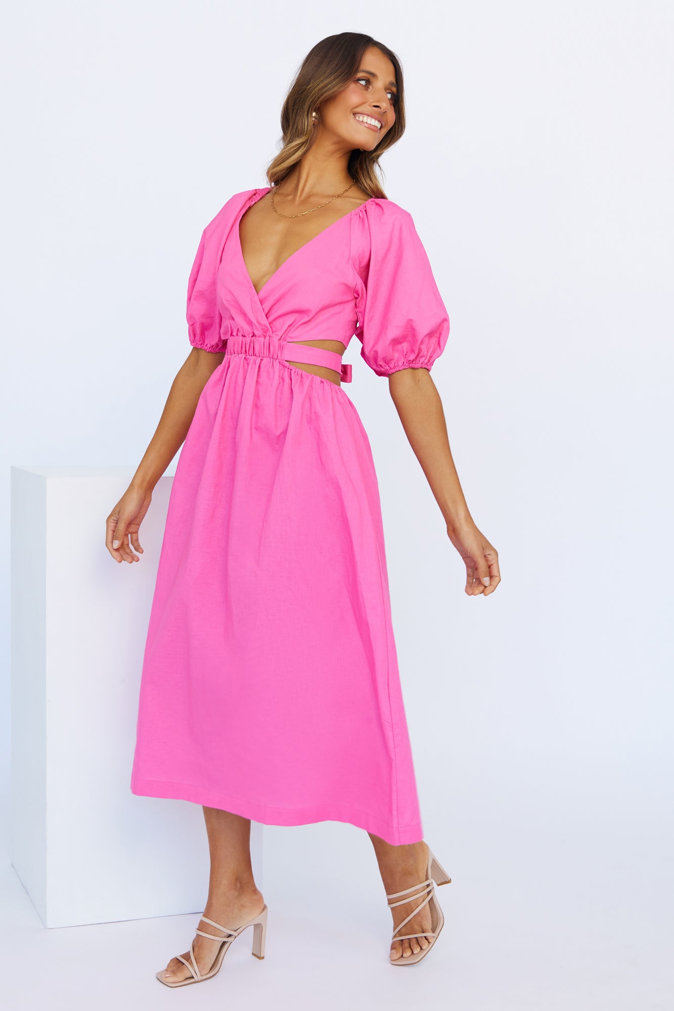 Not A Second Midi Dress Hot Pink