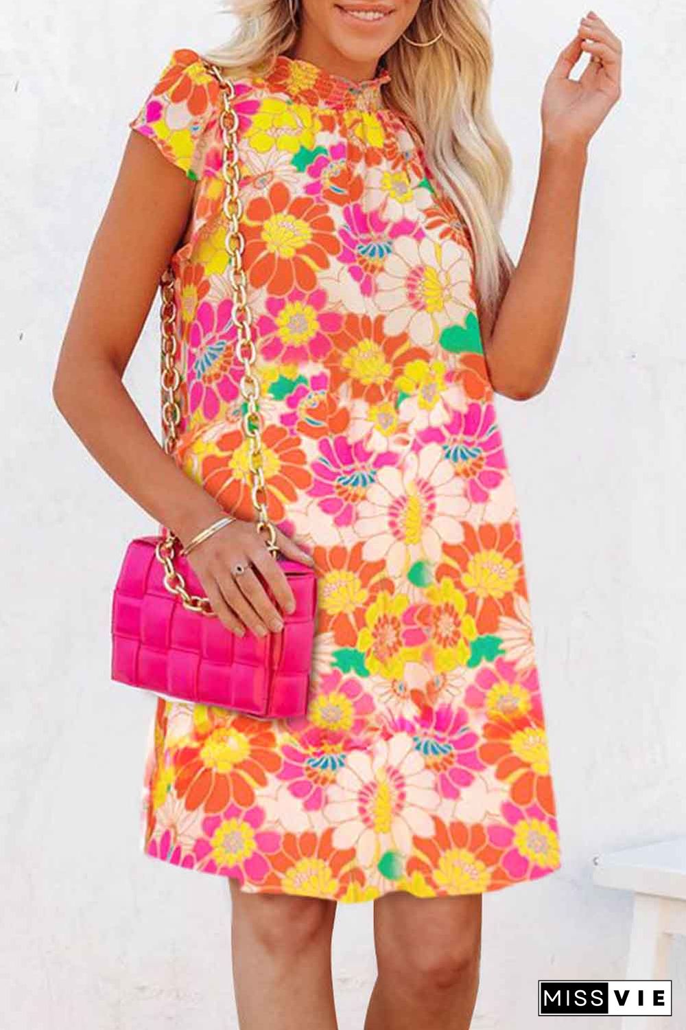 Orange Shirred Neck Summer Floral Dress