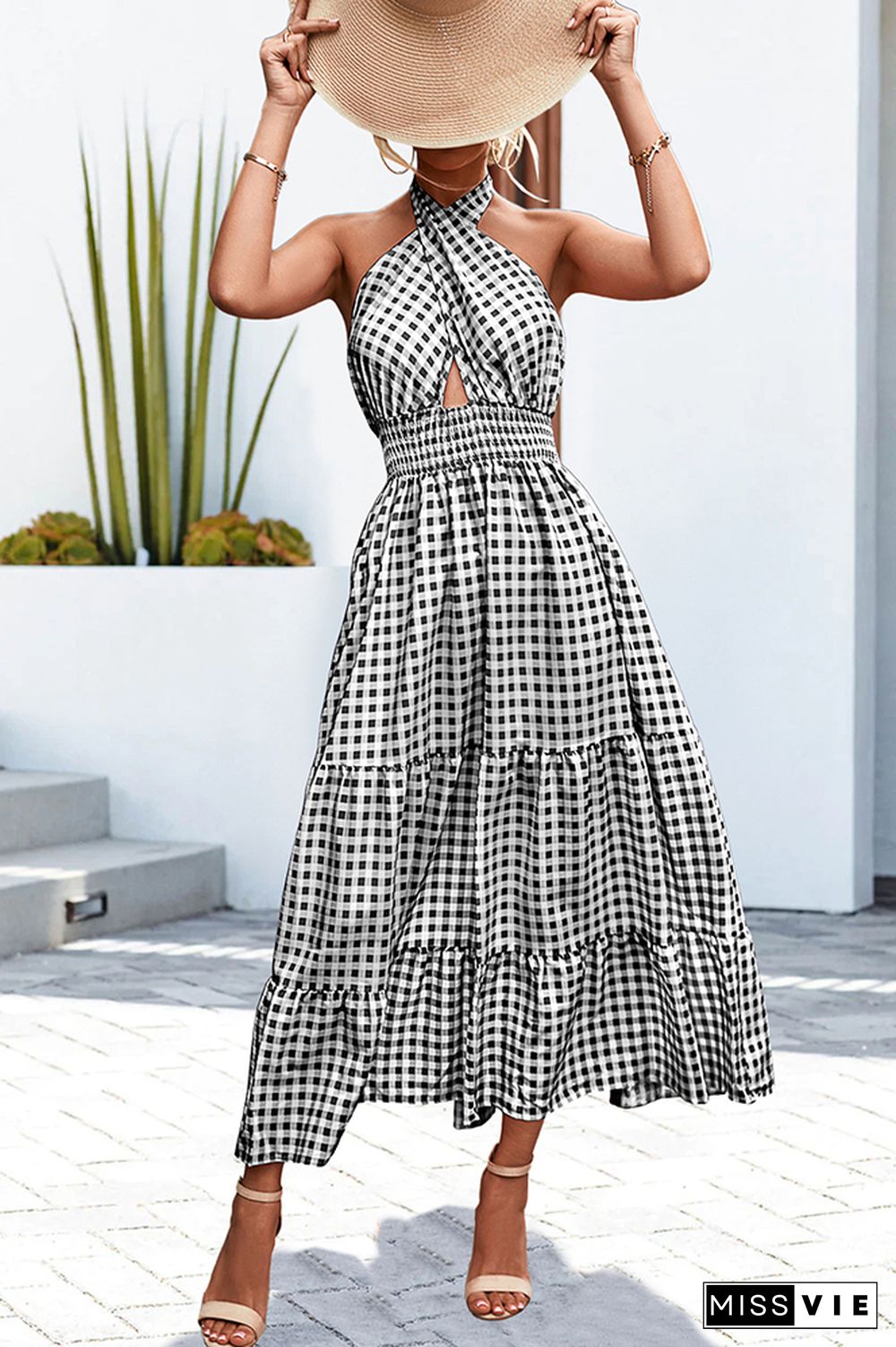 Halter Wrap Splicing Plaid Floral Dress