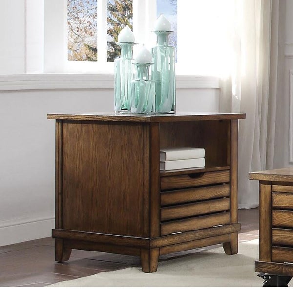 Wooden End Table with Drop-down Door in Oak Finish