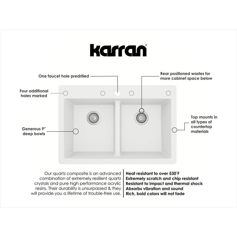 Karran QT- 810 qt. 33 in. 5050 Double Bowl Drop-In Kitchen Sink in White with Faucet in Stainless Steel QT810WHKKF340SS