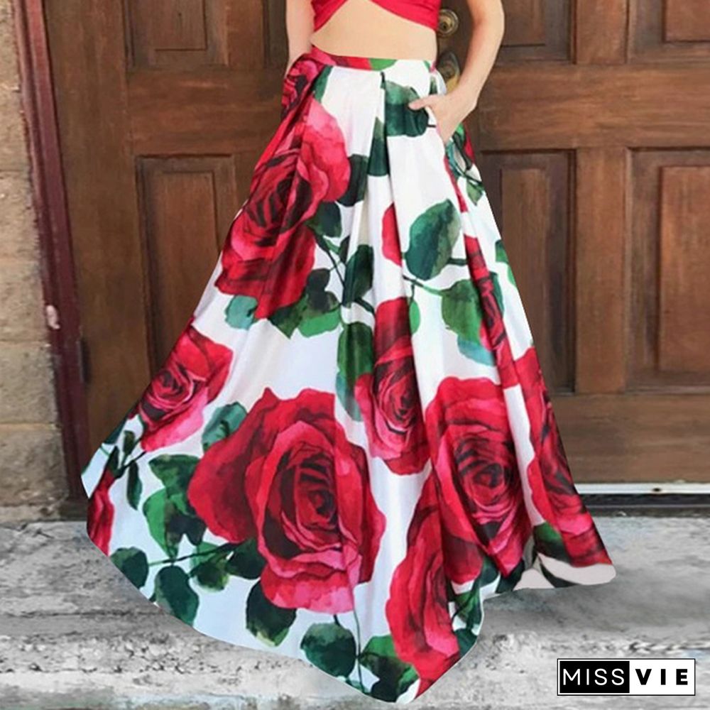 Women Floral Print Long Skirt Swing Dress High Waist Pleated Party Casual Umbrella Maxi Skirt Plus Size