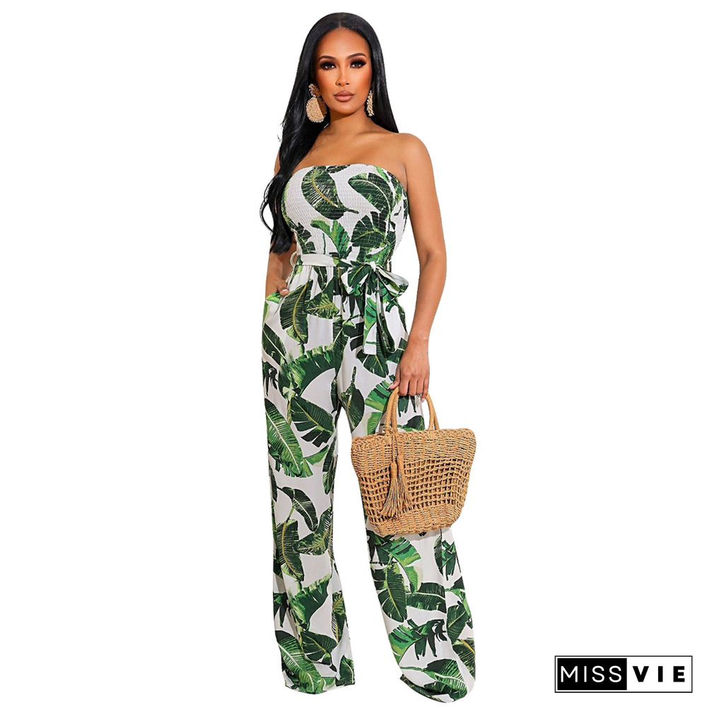 Strapless Lace Up Loose Stretch Wide Leg Jumpsuit