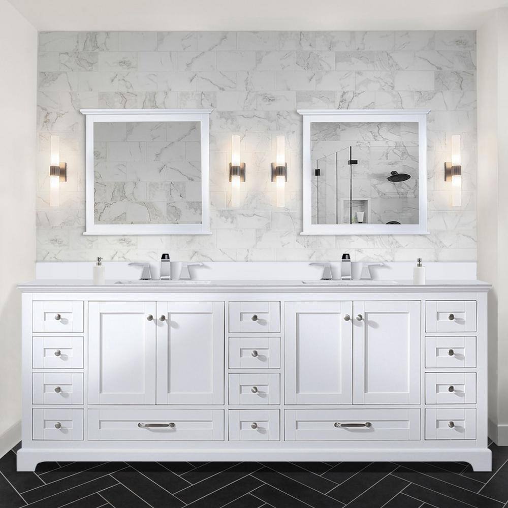 Lexora Dukes 84 in. W x 22 in. D White Double Bath Vanity White Quartz Top and 34 in. Mirrors LD342284DAWQM34