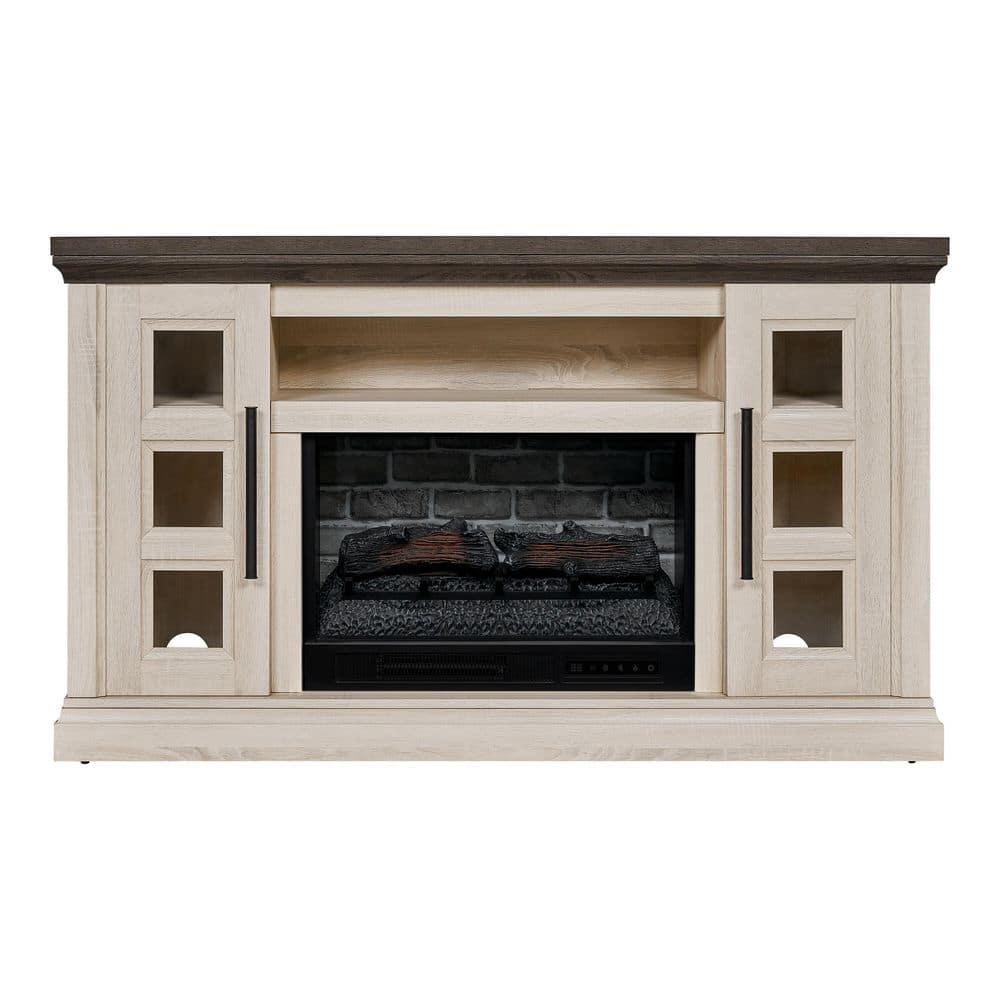 StyleWell Chelsea 58 in Freestanding Electric Fireplace TV Stand in Light Taupe Ash Grain w Charcoal Top