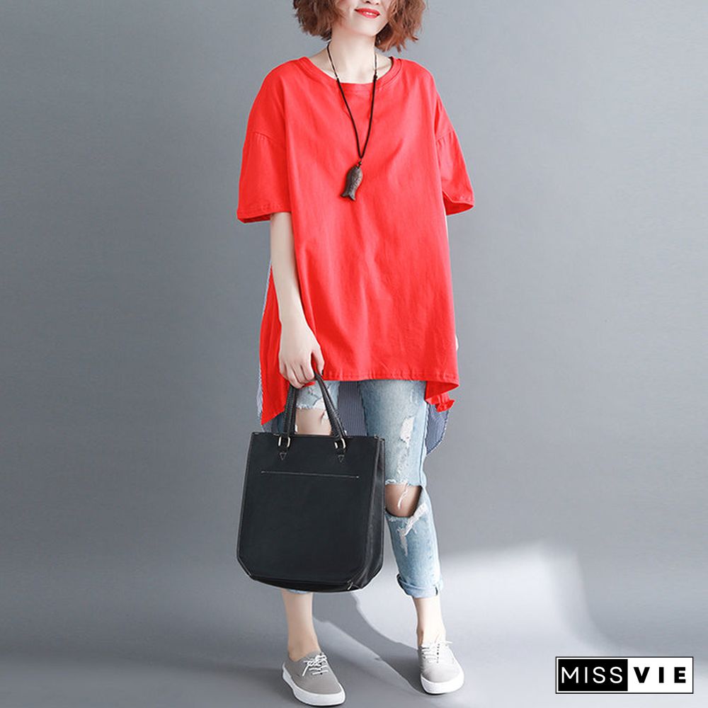 baggy red pure linen cotton blouse casual shirts boutique o neck striped Batwing Sleeve cotton clothing