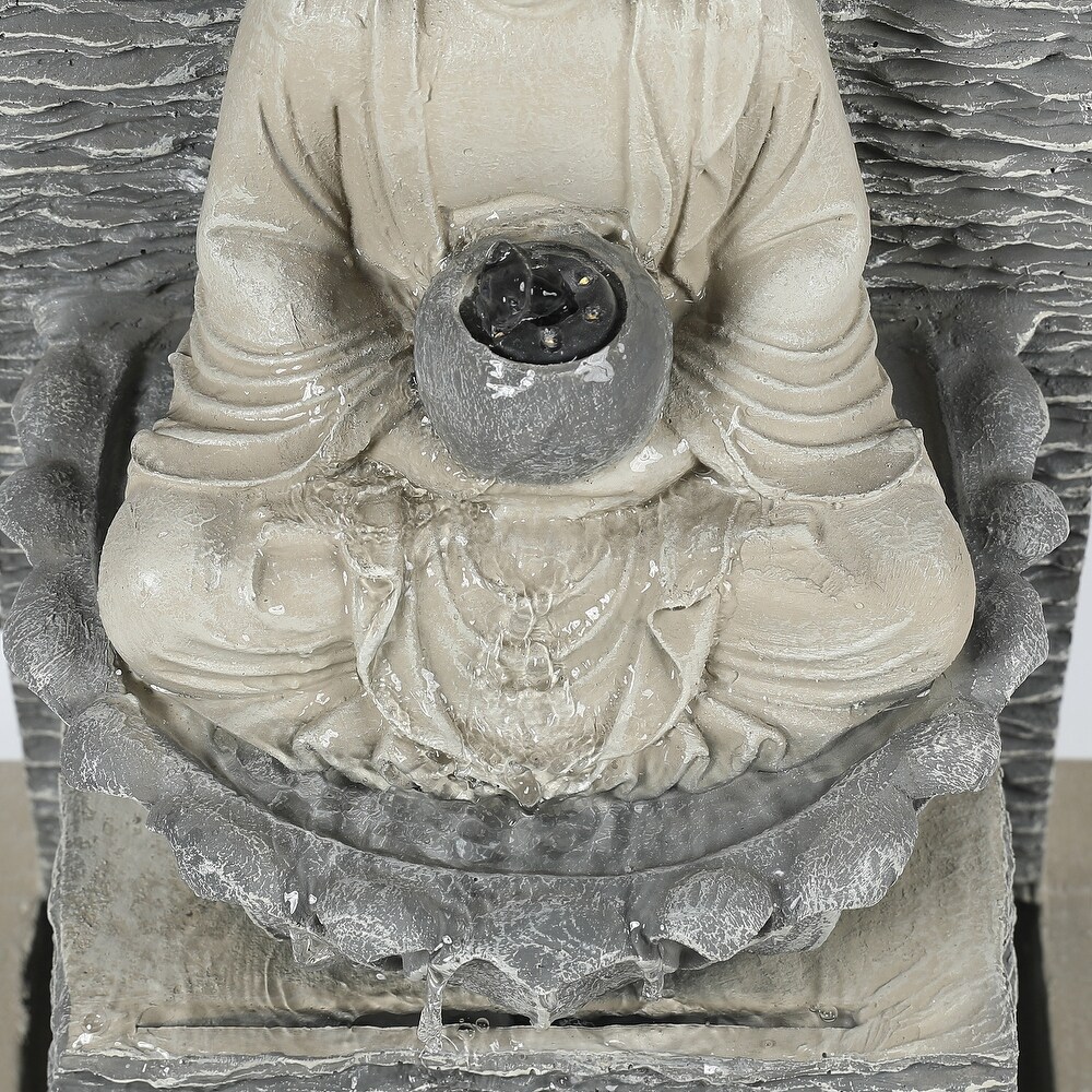 Grey Resin Meditating Buddha on Pedestal Outdoor Patio Fountain with LED Light