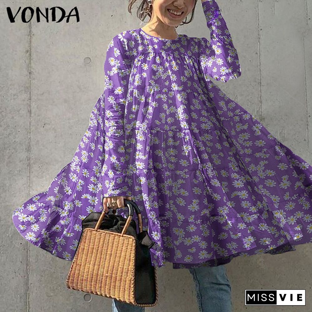 Cotton Long Sleeve Crew Neck Bohemian Floral Print T-Shirt Dress Loose Casual Autumn Baggy Blouse