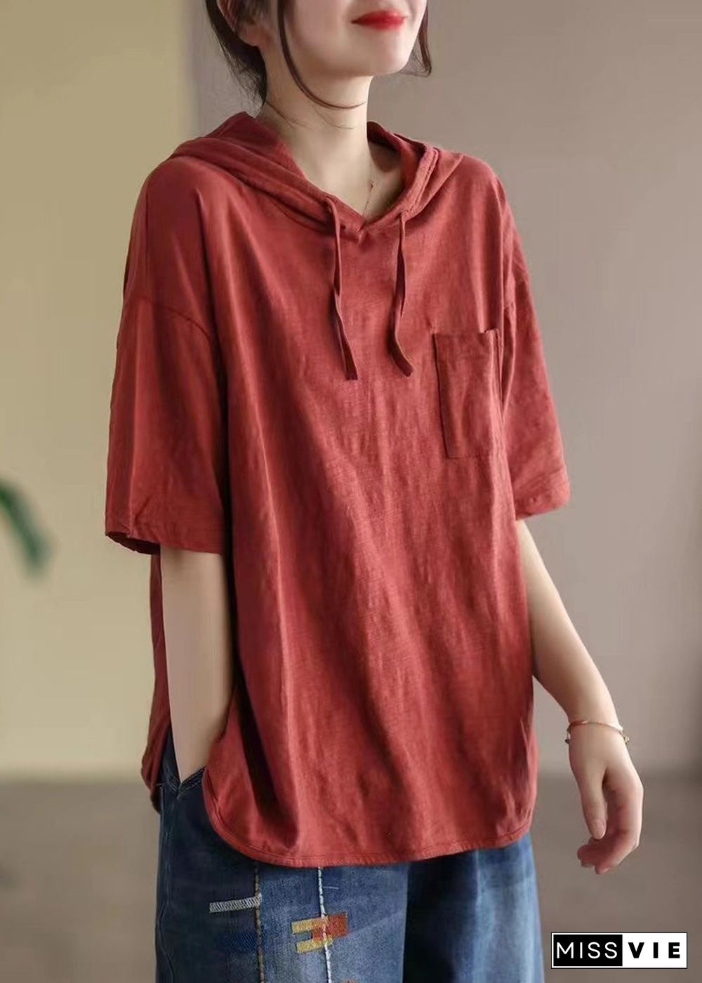 Red Drawstring Solid Cotton Hooded T Shirt Summer