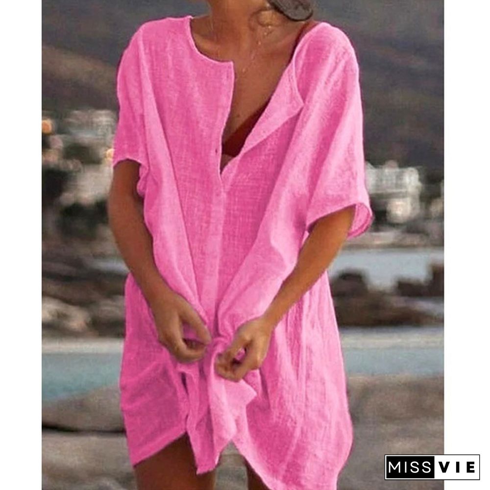 Fashion Summer Clothes Women's Casual Short Sleeve Dresses Beach Wear Robe Femme Swimwear Cover-up Linen Dress Loose Blouses Long T-shirt Deep V-neck Solid Color Swimsuit Cover-ups Dress Mini Party Dress