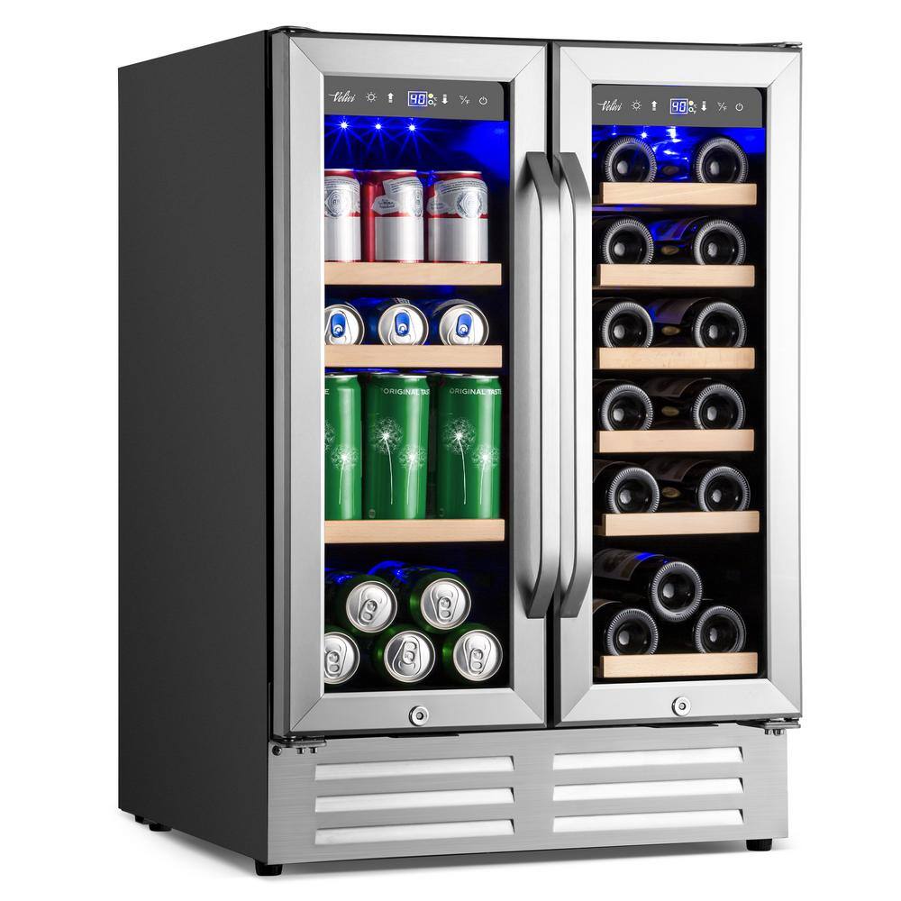 Velivi 24 in.Dual Zone 18-Wine Bottles and 88-Can Built-In and Freestanding with French Door Beverage Cooler in Stainless Steel KMYL120HD