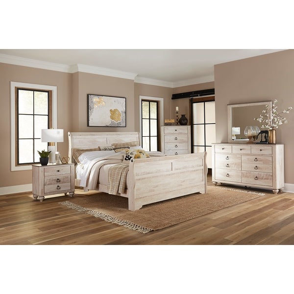 Roundhill Furniture Imerland Contemporary White Wash Finish Bedroom Set with Sleigh Bed， Dresser， Mirror， Two Nightstands， Chest - - 32524446