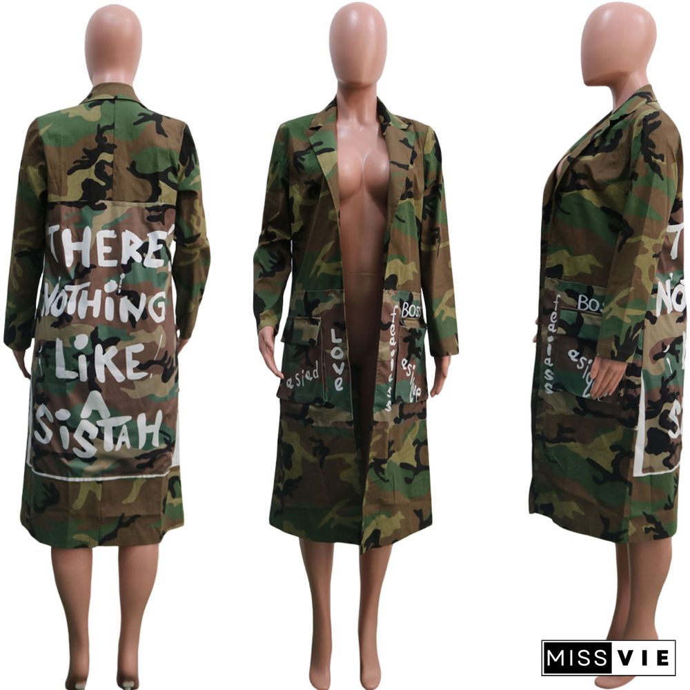 Women Camouflage Long Jacket Cardigan with Pockets