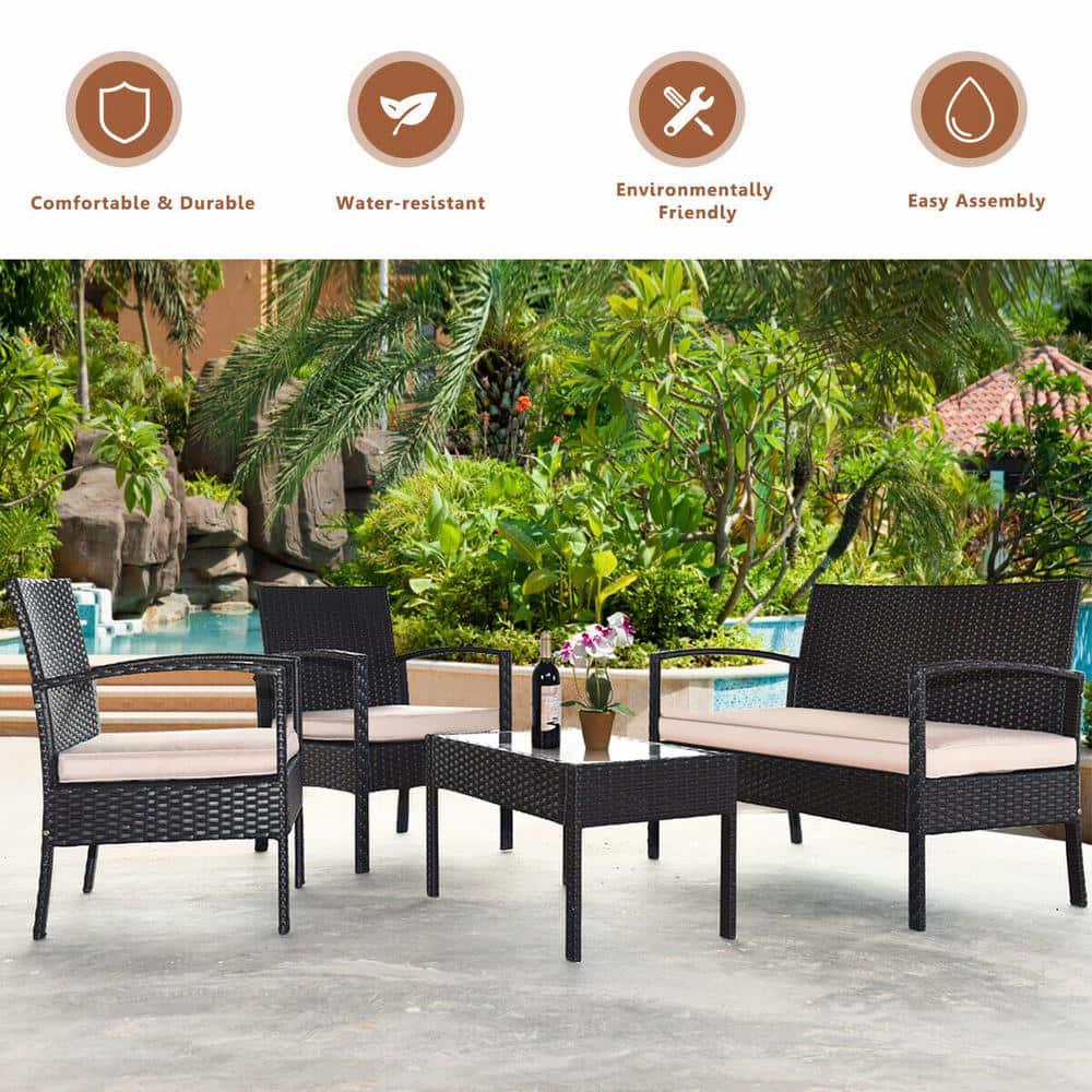 SUNRINX 4Piece Brown Wicker Outdoor Patio Furniture Set with Beige Cushion