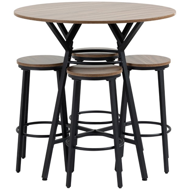 Homcom Industrial 5 piece Bar Table And Chairs Set Space Saving Dining Table With 4 Stools For Pub And Kitchen Brown