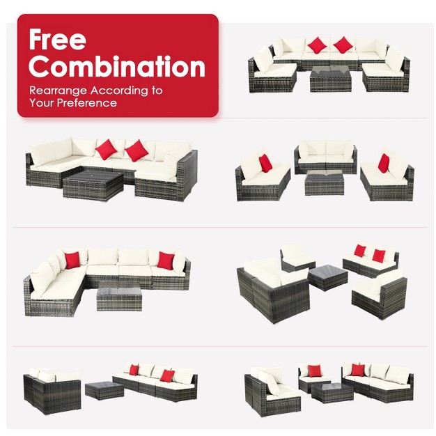 Tangkula 7 Pcs Outdoor Patio Furniture Set All weather Pe Rattan Sofa Set W coffee Table amp Cushions