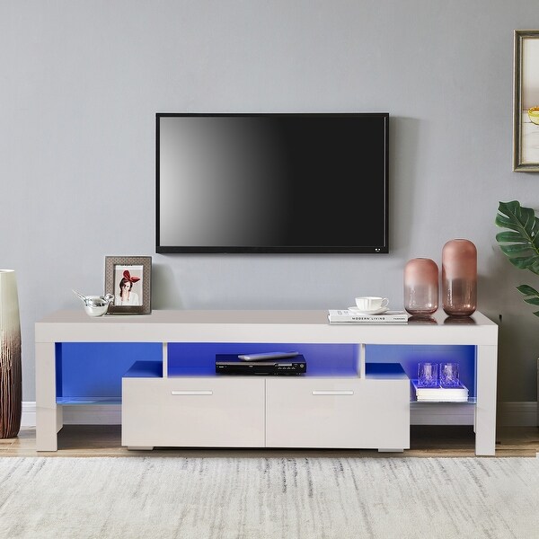 63'' RGB LED High Glossy TV Stand Cabinet with 2 Tie-Rod Drawerand 2 Glass Shelf