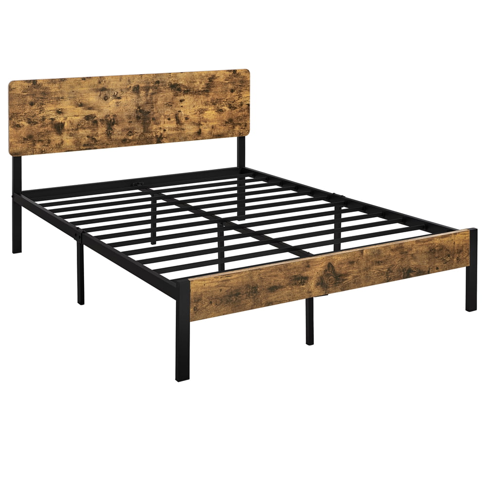 Topeakmart Vintage Style Metal Queen Bed with Wooden Headboard & Footboard