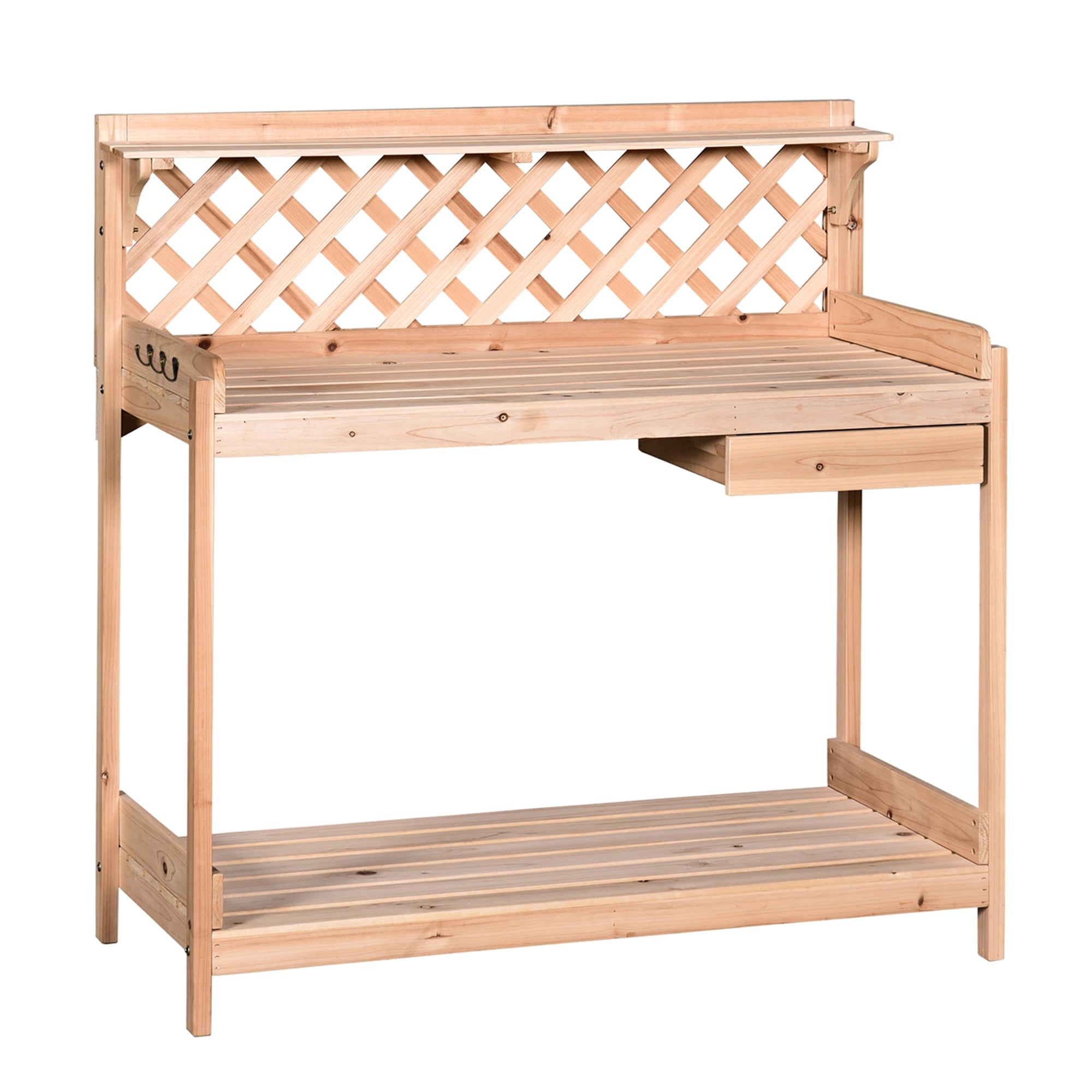 Outsunny Outdoor Garden Potting Bench, Wooden Workstation Table w/ Drawer, Hooks, Open Shelf, Lower Storage and Lattice Back for Patio, Backyard and Porch