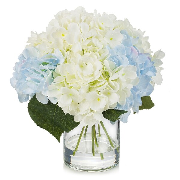 Enova Home Mixed Blue Cream Artificial Hydrangea Silk Flowers Arrangement in Clear Glass Vase with Faux Water for Home Decór