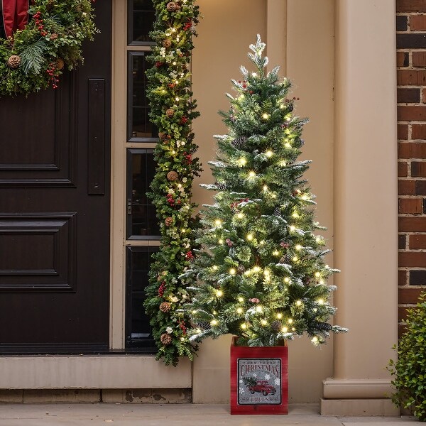 5Ft PreLit Potted Artificial Christmas Tree with Holly Berries