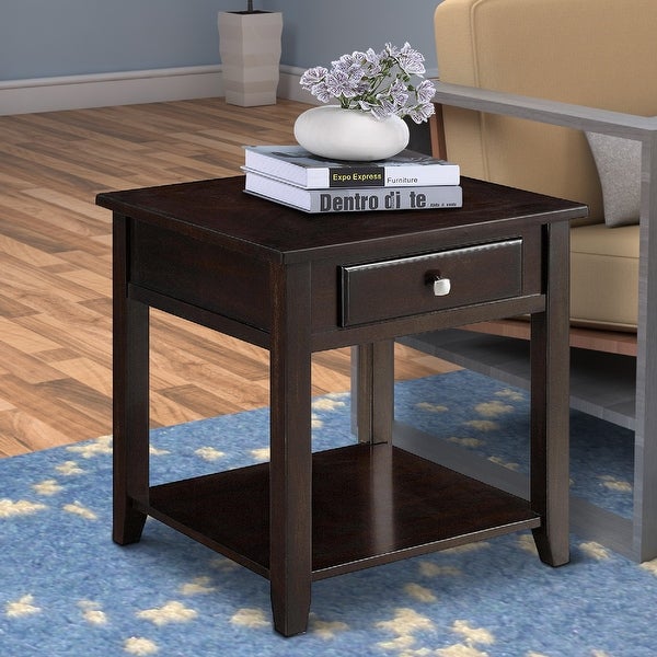 Wooden End Table With Drawer and Bottom Shelf， Walnut Brown