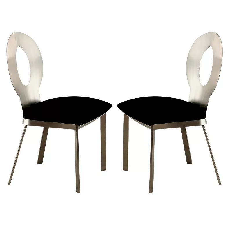 Metal Side Chair with Oval Cut Backrest， Set of 2， Silver and Black