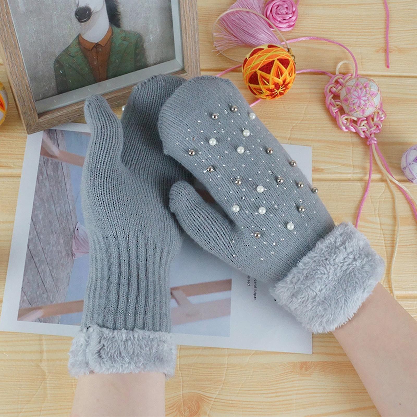 Women's Winter Keep Warm Cashmere Lovely Printing Weave Knitted Flip Gloves