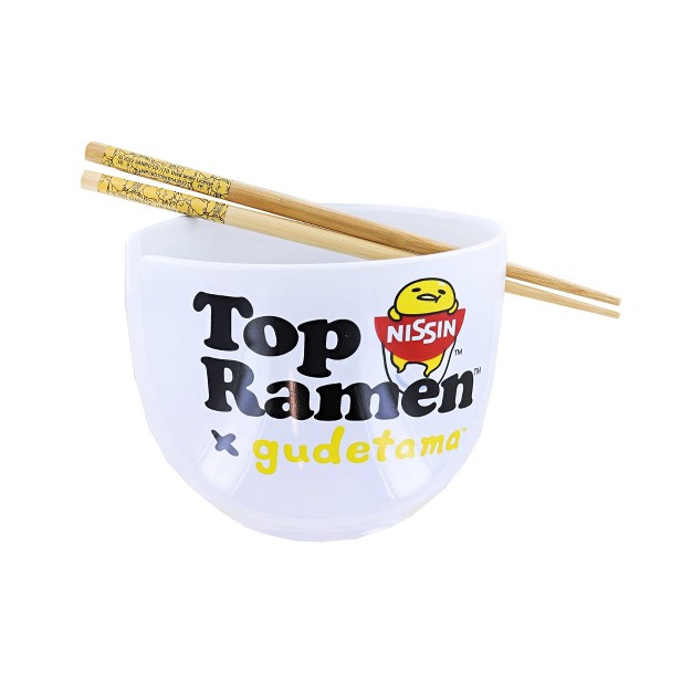 Silver Buffalo Sanrio Gudetama Top Ramen More Please 20oz Ceramic Ramen Bowl With Chopsticks