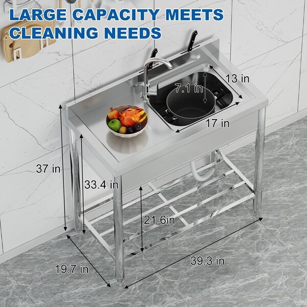 Free Standing Kitchen Sink 39''x20''x37'' Stainless Steel，With 360°Rotating Faucet