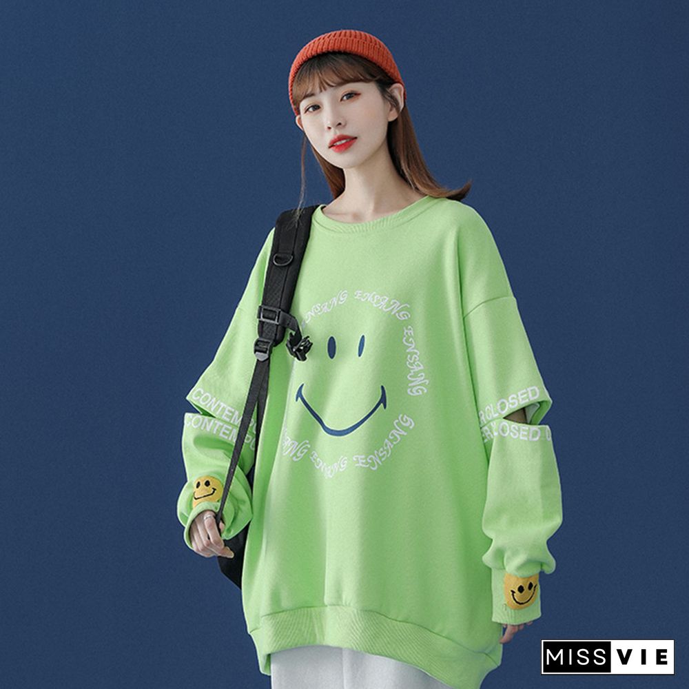 Smiley Letters Print Loose Sweatshirt