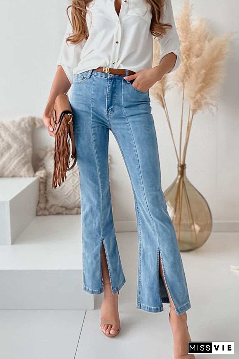 Sky Blue High Waist Seamed Split Flare Jeans