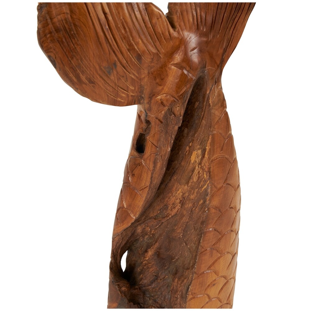 Brown Teak Wood Handmade Tail Live Edge Whale Sculpture with Intricate Carvings (Set of 3)