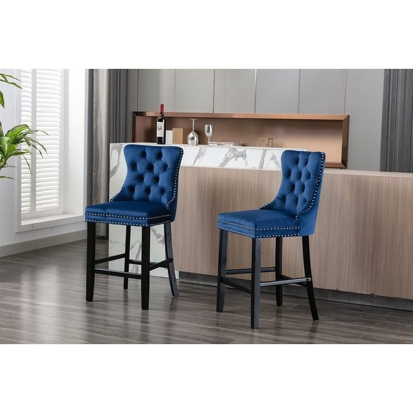 Velvet Upholstered Barstools Leisure Style Bar Chairs with Wood Legs， Nailhead Trim and Button Tufted Back (Set of 2） - N/A