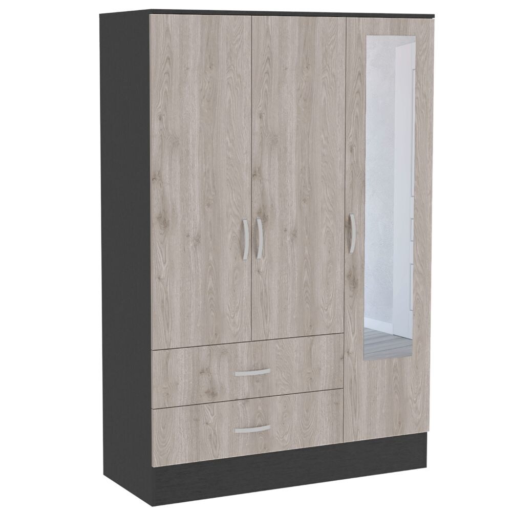 Gangi 120 Mirrored Armoire with 2 Cabinets  2 Drawers  Metal Rod  and 4 Shelves  Black / Light Gray