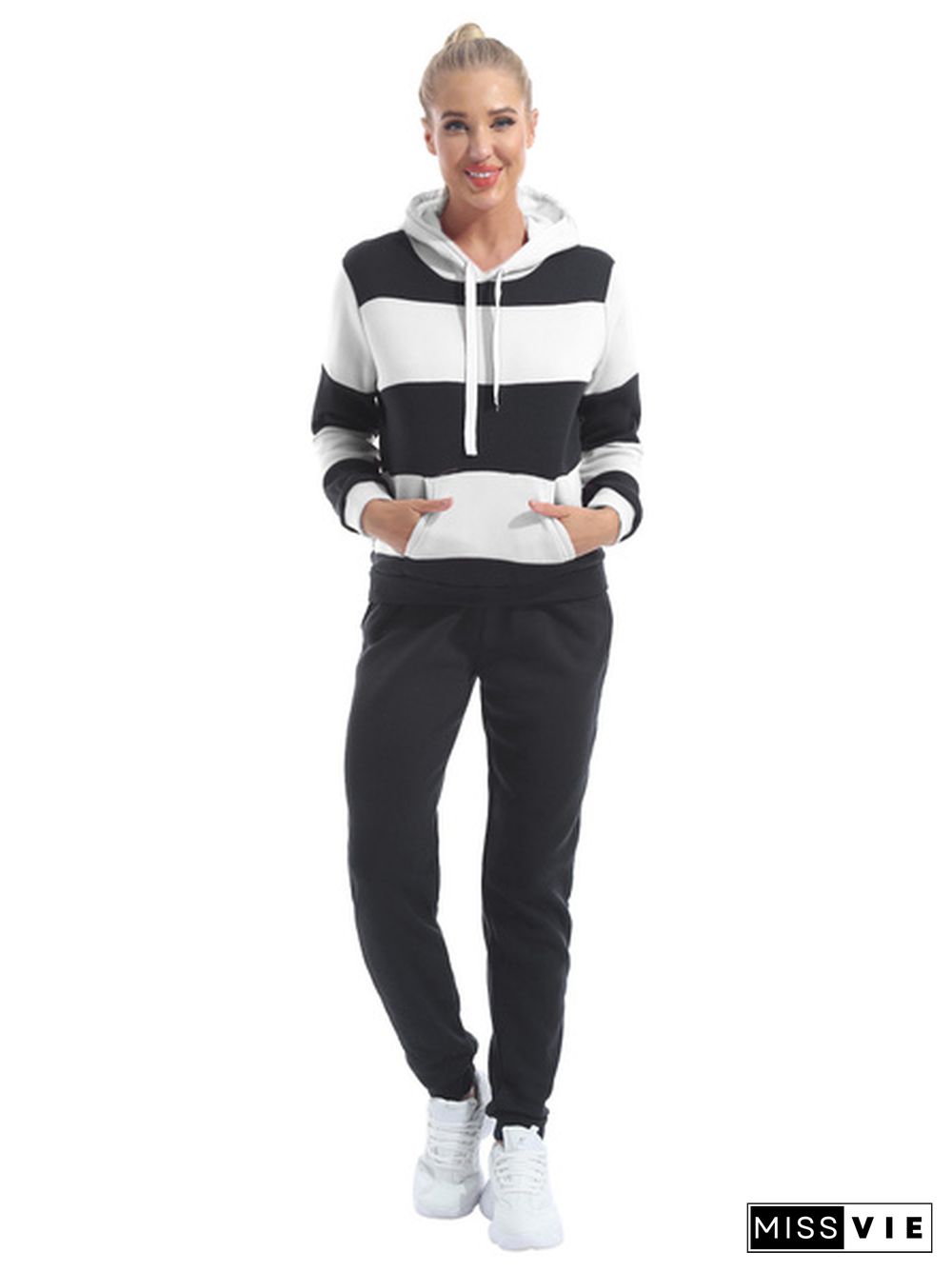 Plus Size Women's Casual Two Piece Outfits Stripes Sweatsuit Tracksuit Pocket Hoodies Sweatshirt Drawstring Pants S-Xxxl