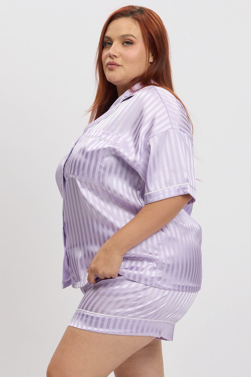 Purple Stripe Satin Pyjamas Set Short Sleeve
