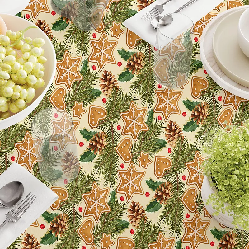 Rectangular Tablecloth， 100% Cotton， 52x120， Holiday Gingerbread Cookies and Pinecones