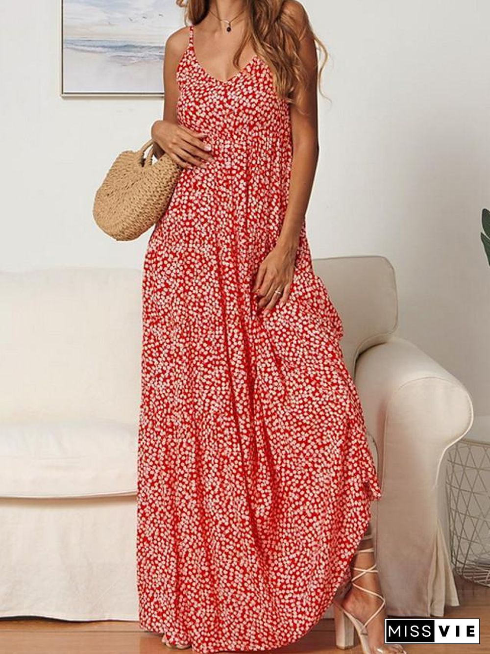 Women's Strap Dress Maxi long Dress Sleeveless Print Hot Red Navy Blue S M L XL