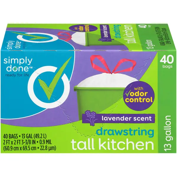 Simply Done 40-Count 13 Gallon Lavender Scented White Drawstring Kitchen Trash Bag