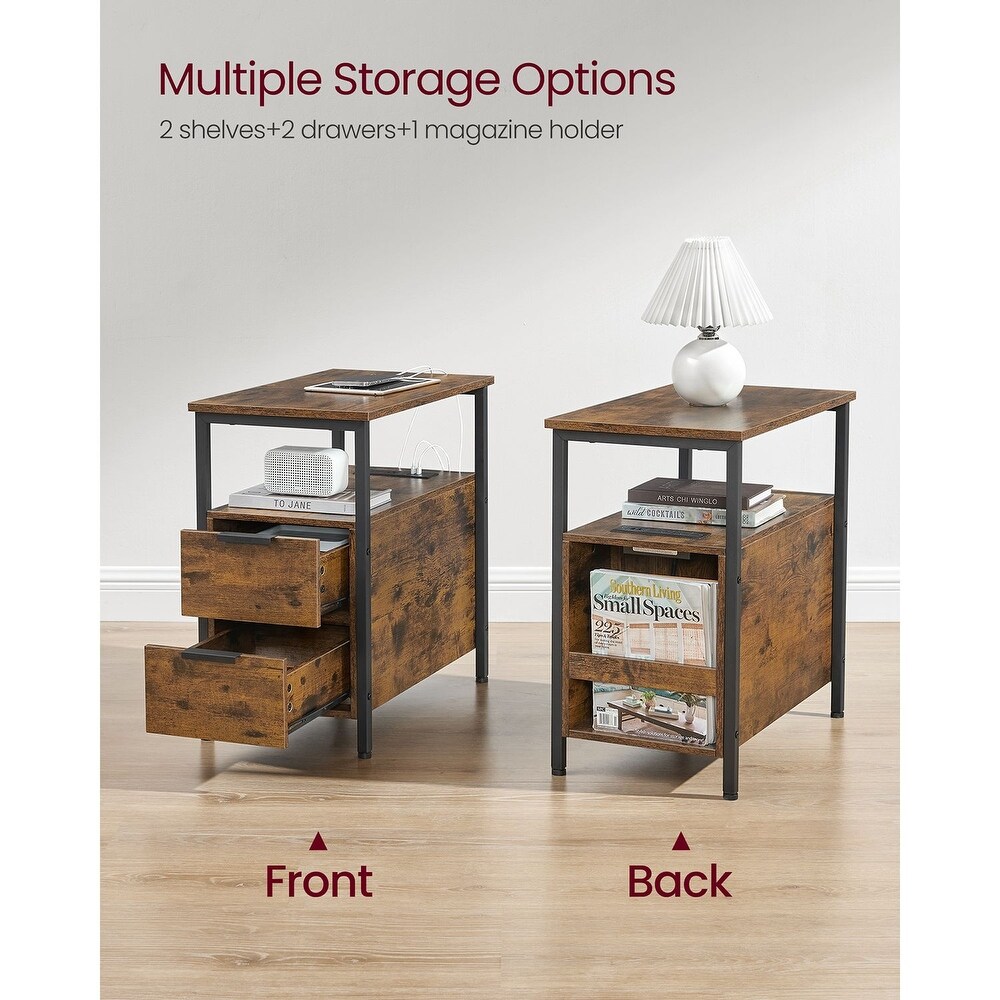 Slim Side Table Nightstand End Table with 2 Drawers and Charging Station for Small Spaces   23.6” x 13.8” x 24”